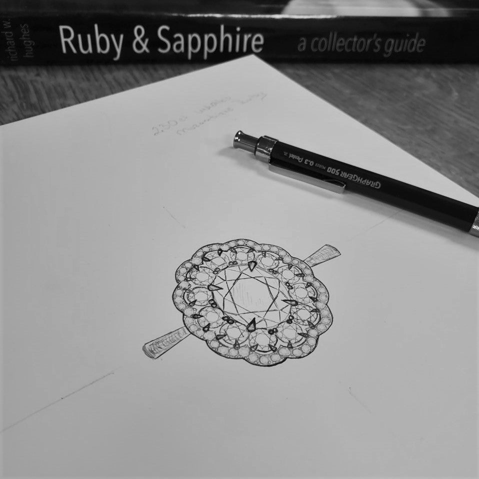 Ruby Surrounded by Diamonds and Set in a Hand Fabricated Platinum ring.