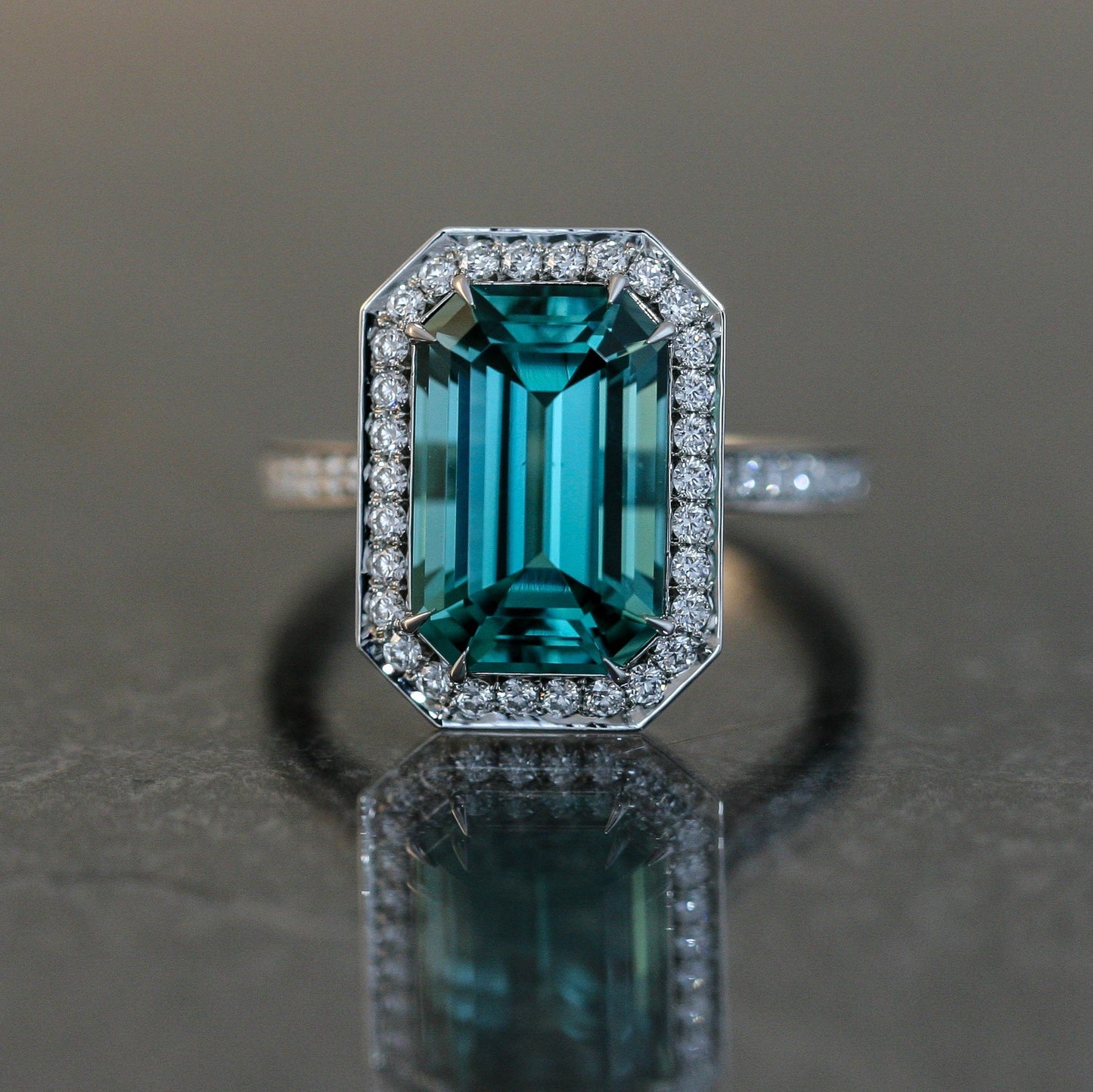Lagoon Tourmaline Ring Set in Platinum with Diamond Accents.