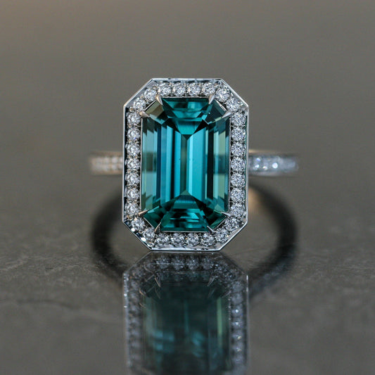 Lagoon Tourmaline Ring Set in Platinum with Diamond Accents.