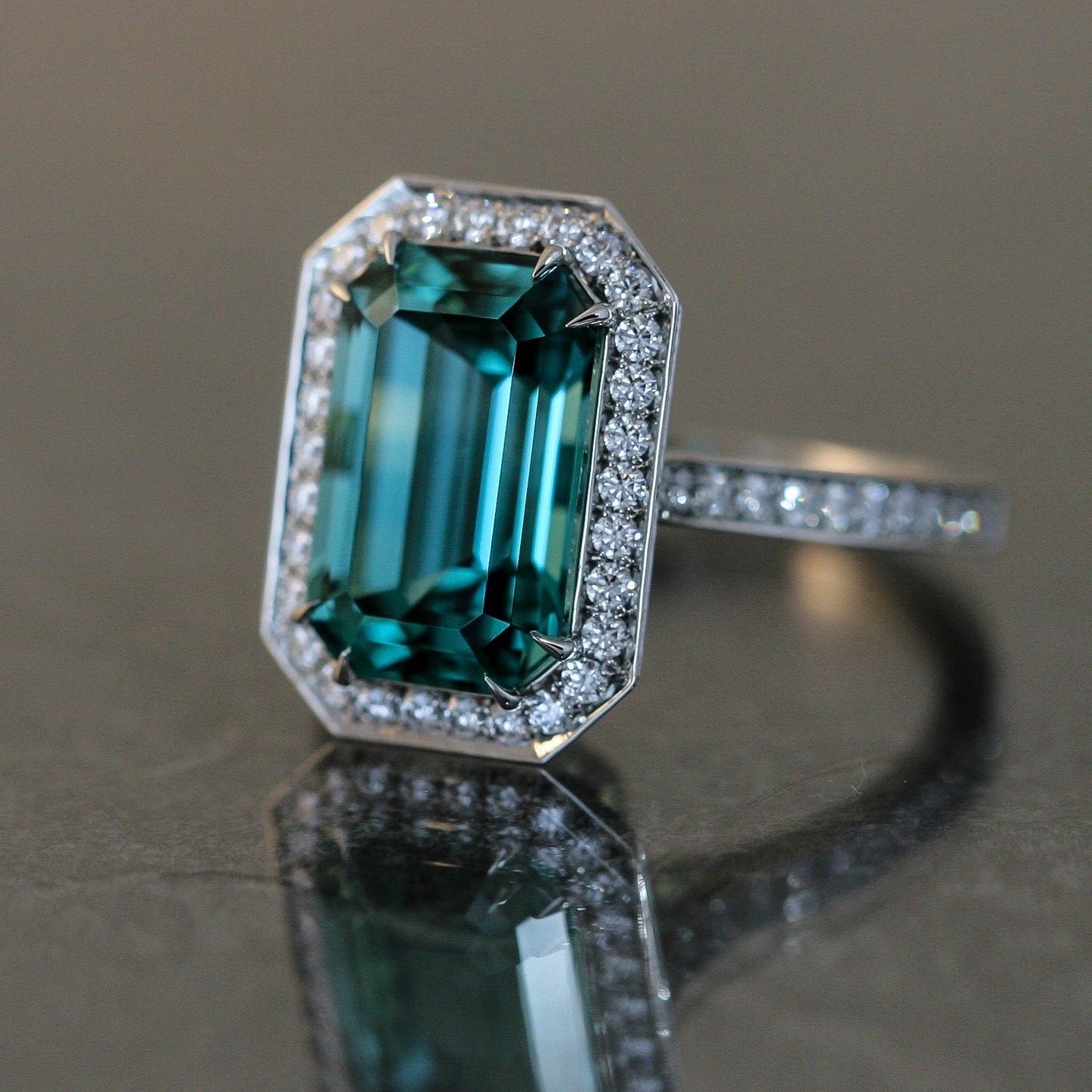 Lagoon Tourmaline Ring Set in Platinum with Diamond Accents.