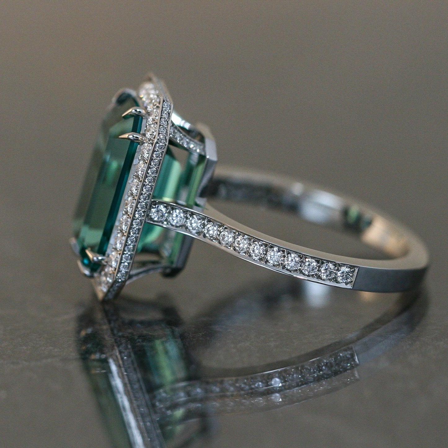 Lagoon Tourmaline Ring Set in Platinum with Diamond Accents.
