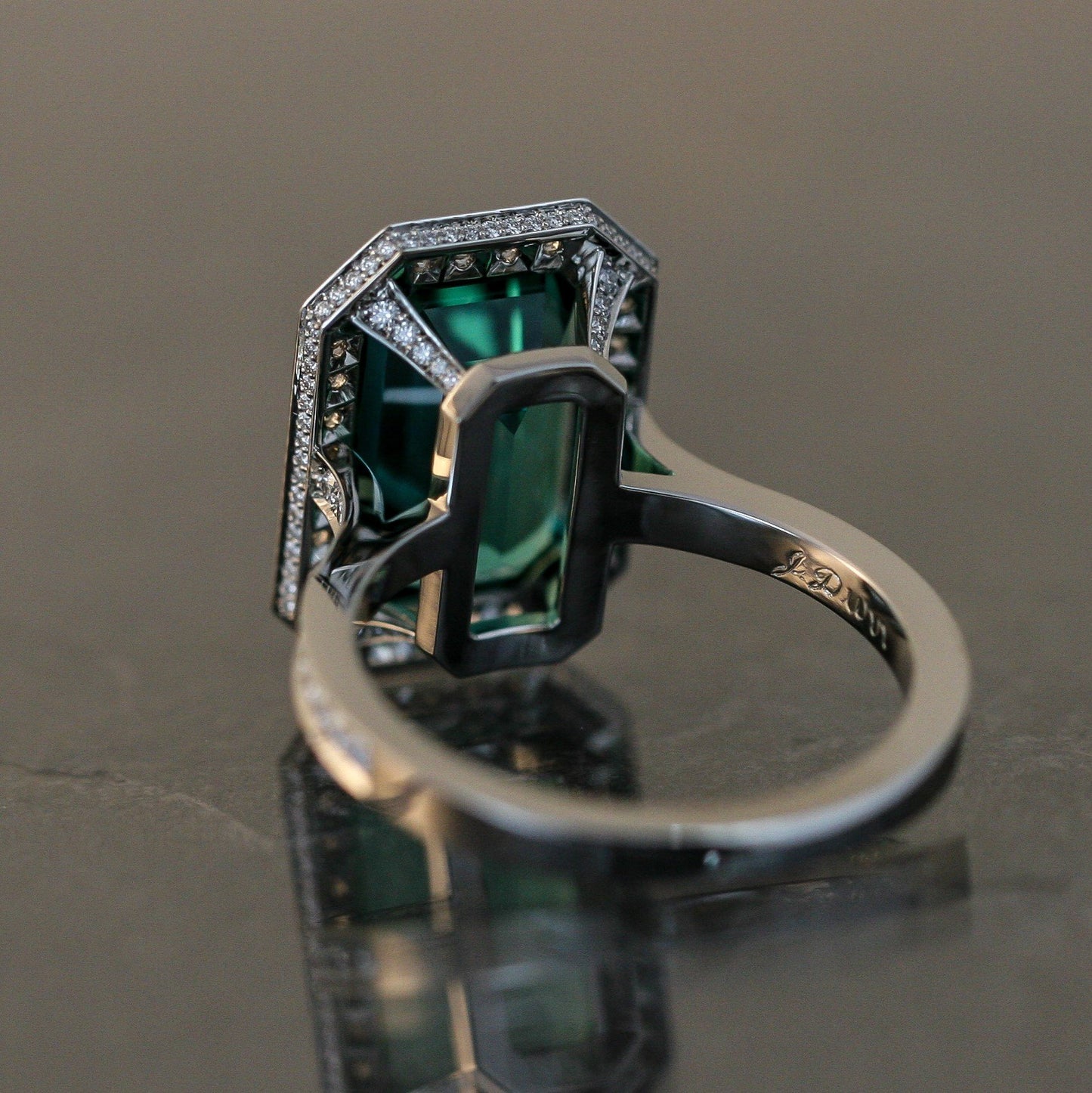 Lagoon Tourmaline Ring Set in Platinum with Diamond Accents.