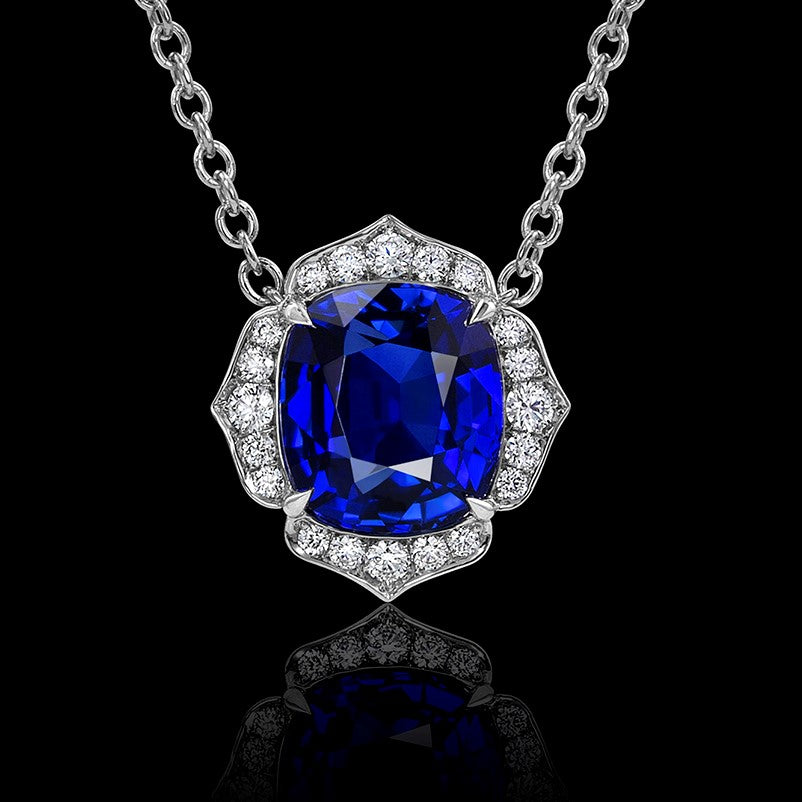 Blue Sapphire Flower Pendant Set in Platinum & Accented with Diamonds