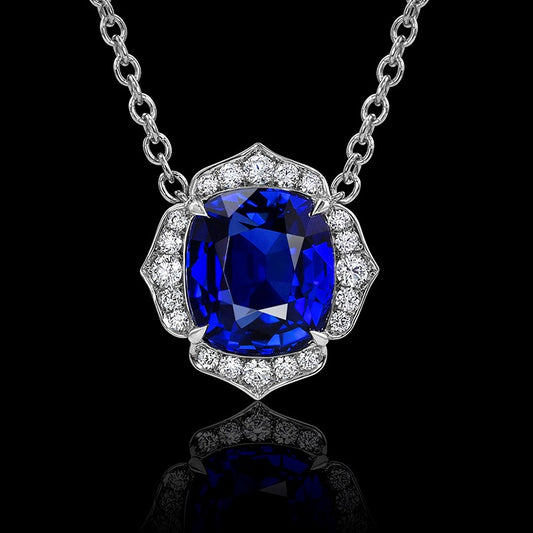 Blue Sapphire Flower Pendant Set in Platinum & Accented with Diamonds