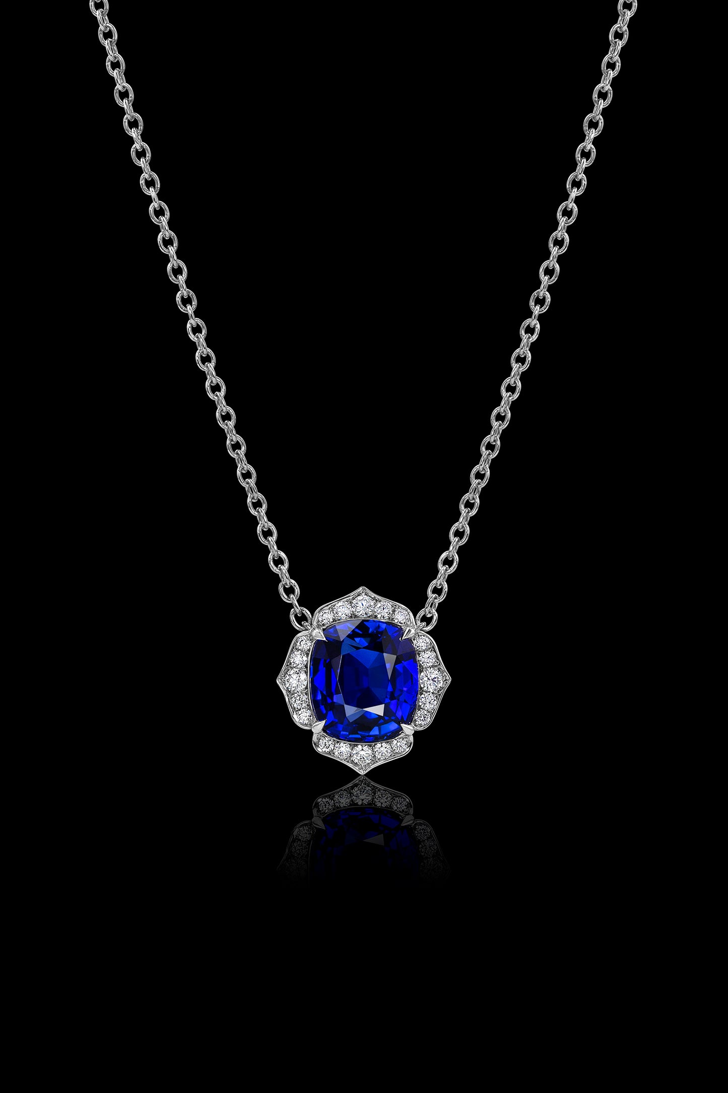 Blue Sapphire Flower Pendant Set in Platinum & Accented with Diamonds