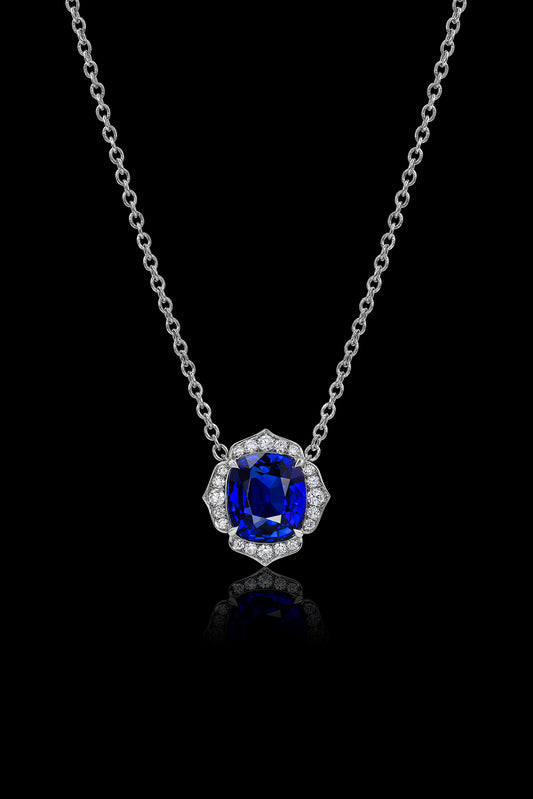 Blue Sapphire Flower Pendant Set in Platinum & Accented with Diamonds