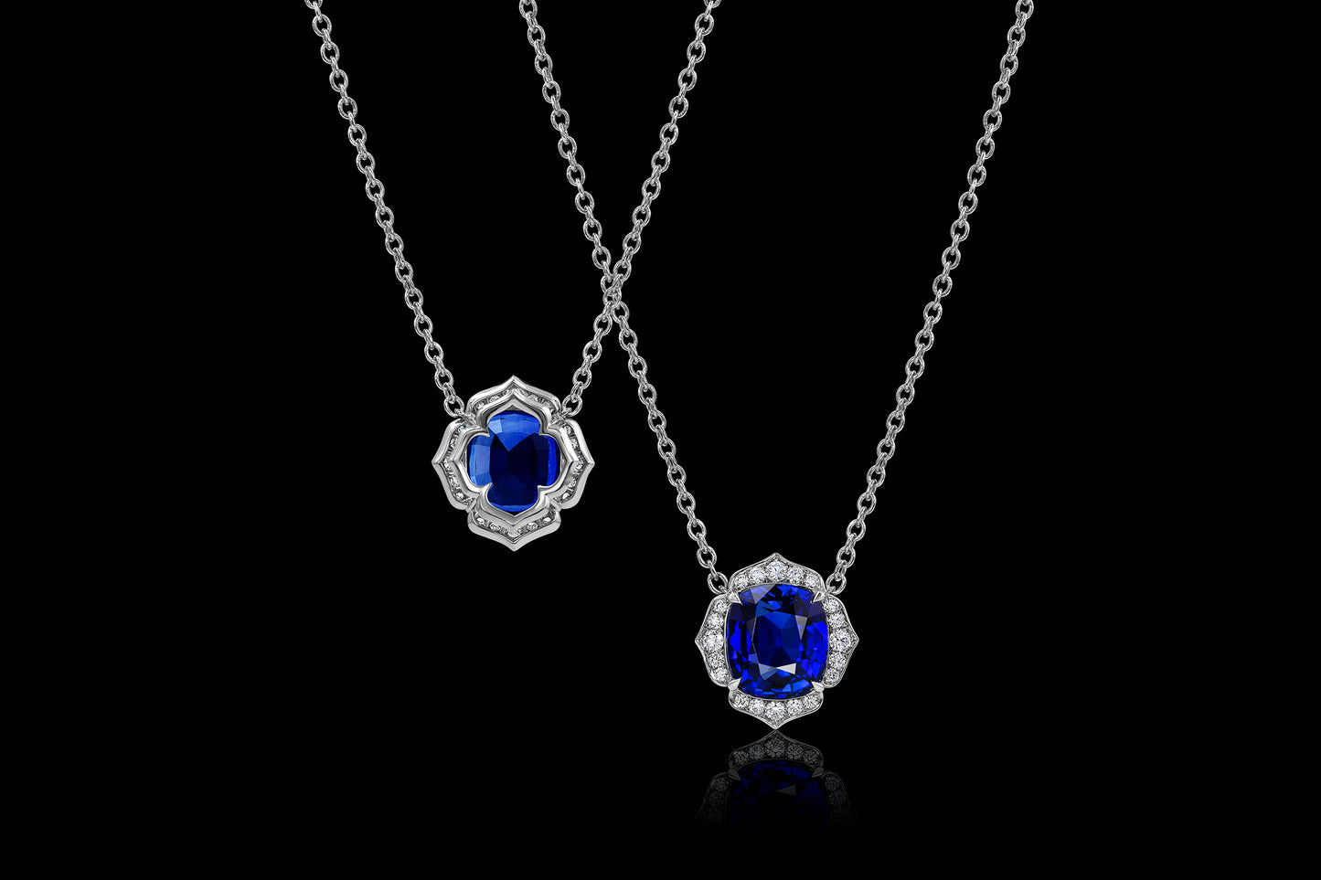 Blue Sapphire Flower Pendant Set in Platinum & Accented with Diamonds