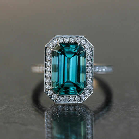Lagoon Tourmaline Ring Set in Platinum with Diamond Accents.