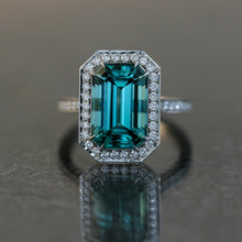 Load image into Gallery viewer, Lagoon Tourmaline Ring Set in Platinum with Diamond Accents.