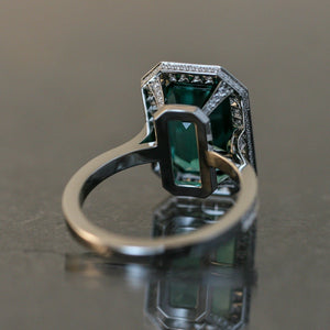 Lagoon Tourmaline Ring Set in Platinum with Diamond Accents.