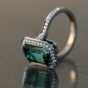 Lagoon Tourmaline Ring Set in Platinum with Diamond Accents.